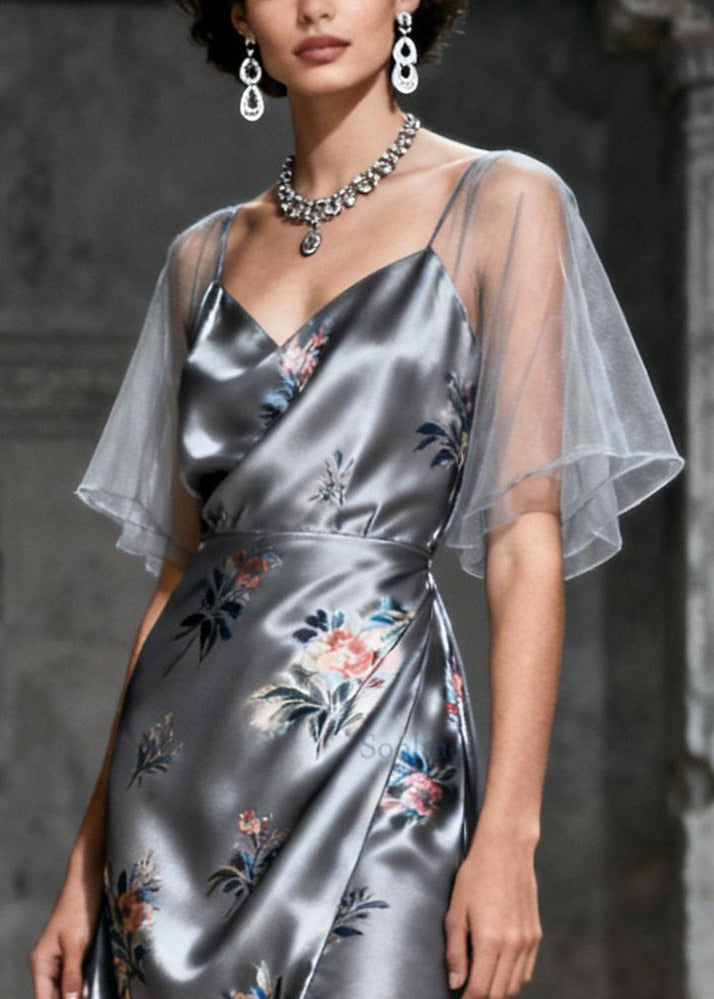 Beautiful Grey Print Patchwork Tulle Party Dresses Summer