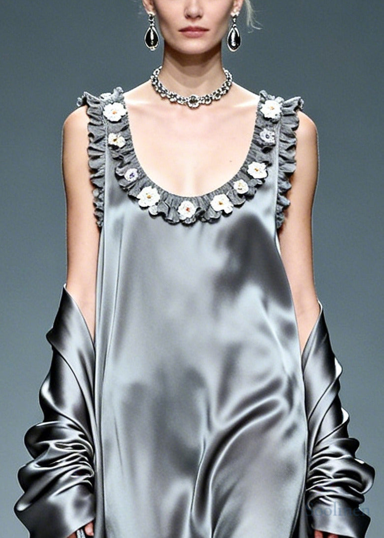 Beautiful Grey Ruffled Floral Silk Vacation Dresses Summer