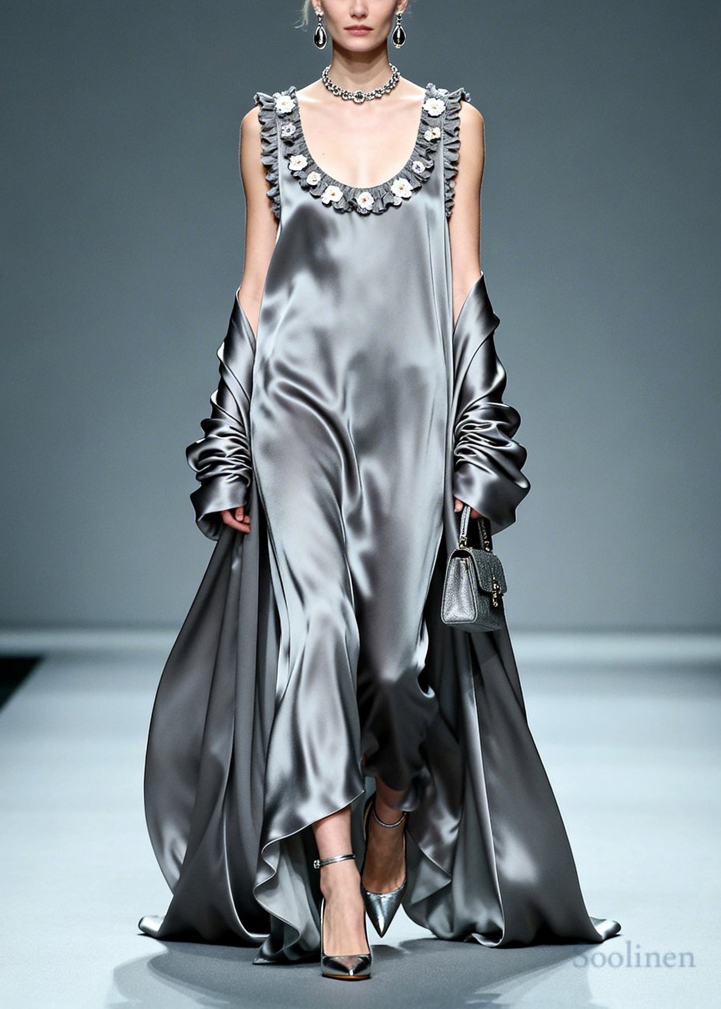 Beautiful Grey Ruffled Floral Silk Vacation Dresses Summer