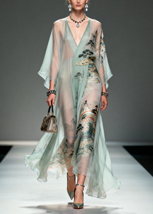 Beautiful Lake Green Oversized Print Chiffon Robe Dresses Summer