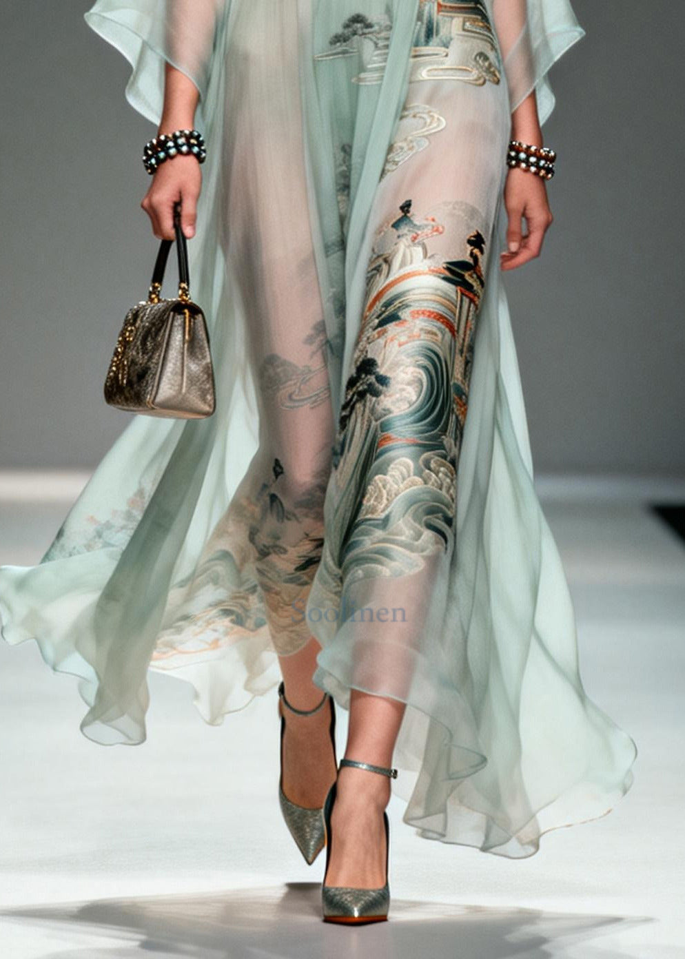 Beautiful Lake Green Oversized Print Chiffon Robe Dresses Summer