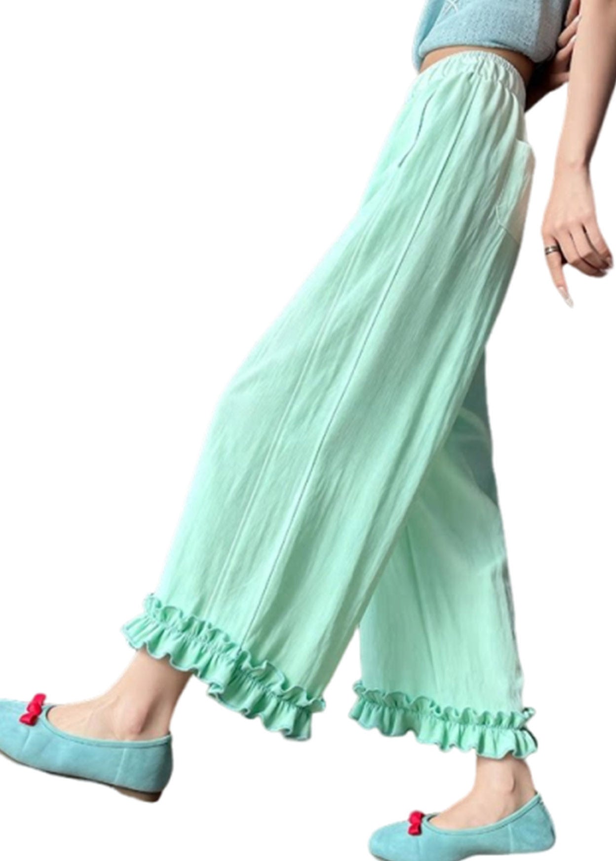 Beautiful Light Green Ruffled Patchwork Solid Wide Leg Pants Summer