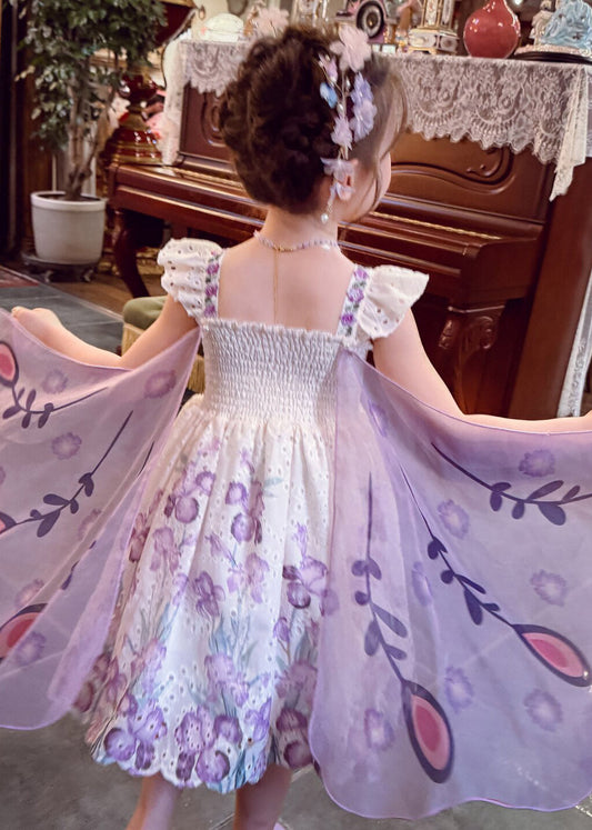 Beautiful Light Purple Print Wing Kids Long Spaghetti Strap Dress Sleeveless