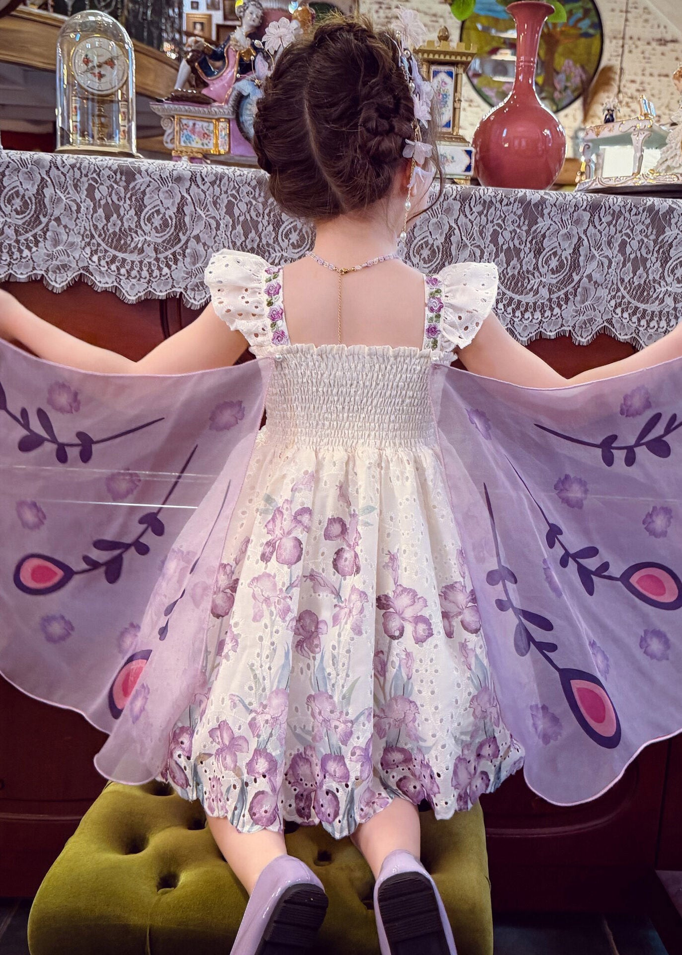 Beautiful Light Purple Print Wing Kids Long Spaghetti Strap Dress Sleeveless
