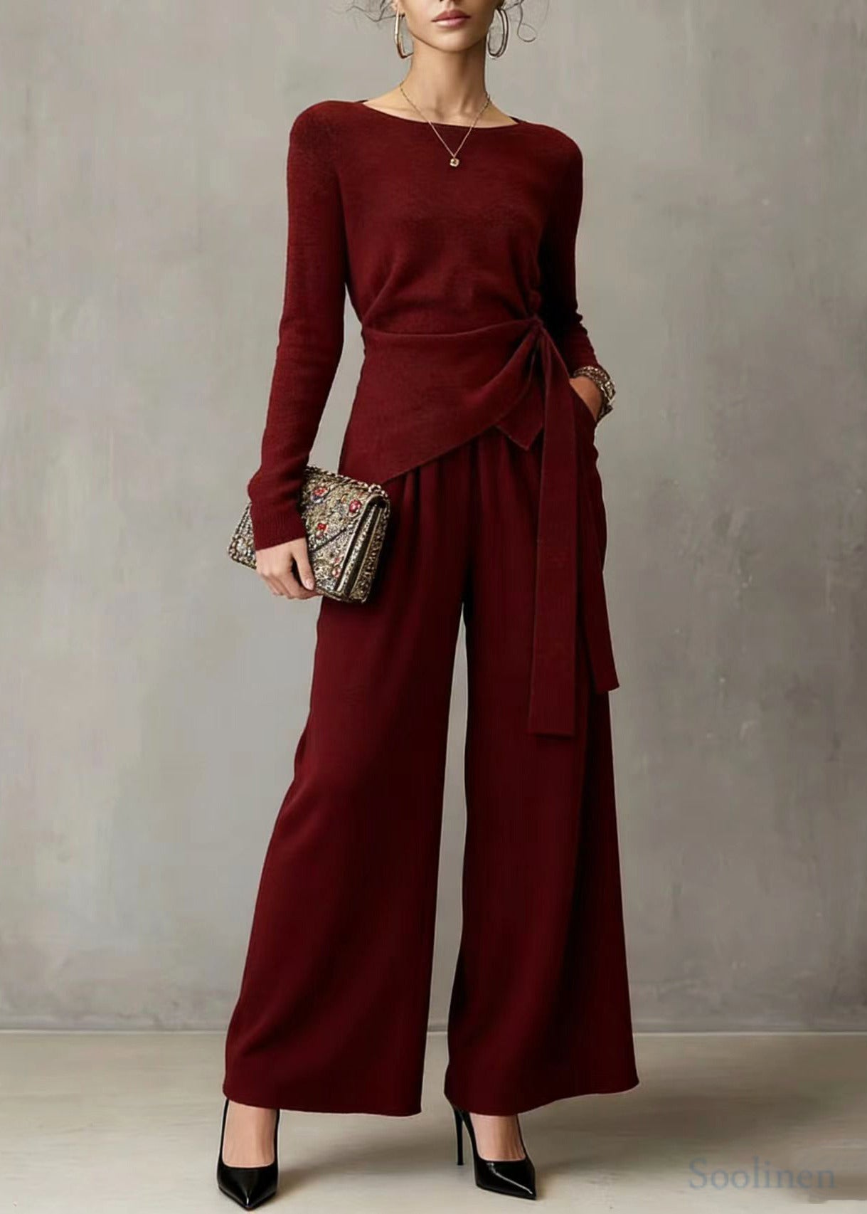 Beautiful Mulberry Asymmetrical Design Knit Tops And Wide Leg Pants Two Pieces Set Spring