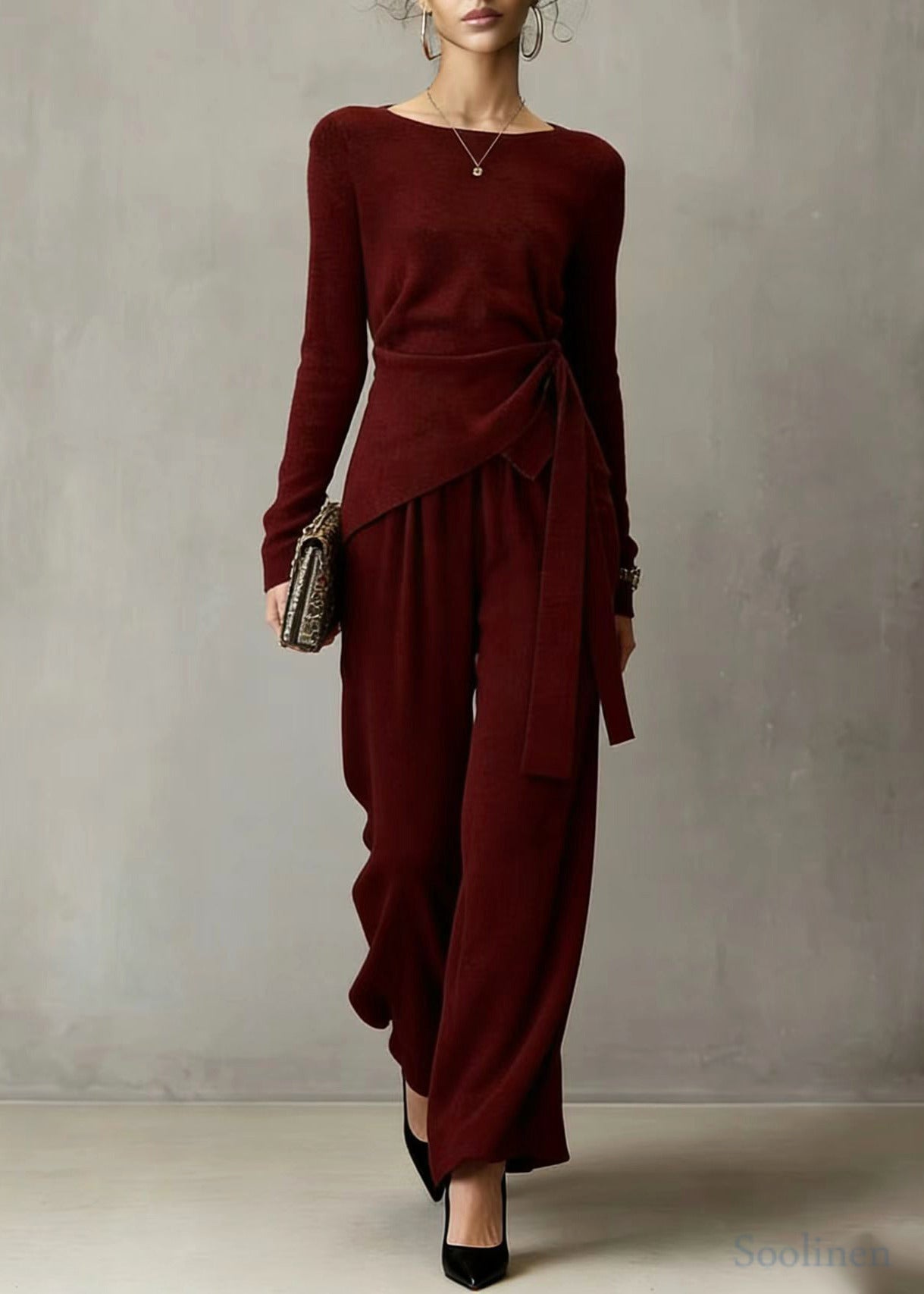 Beautiful Mulberry Asymmetrical Design Knit Tops And Wide Leg Pants Two Pieces Set Spring