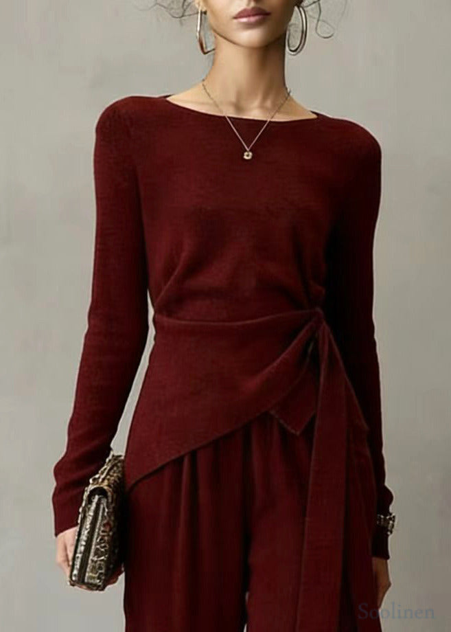 Beautiful Mulberry Asymmetrical Design Knit Tops And Wide Leg Pants Two Pieces Set Spring