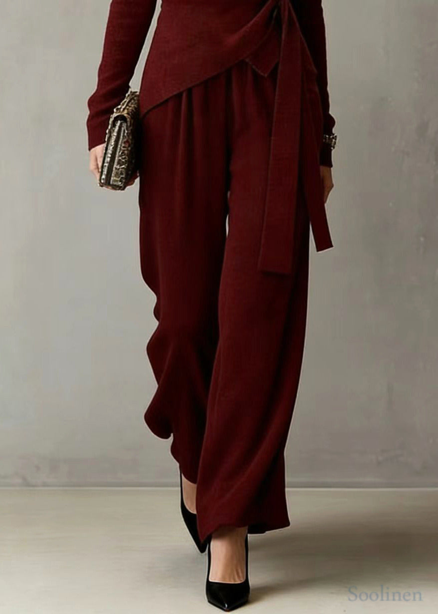 Beautiful Mulberry Asymmetrical Design Knit Tops And Wide Leg Pants Two Pieces Set Spring