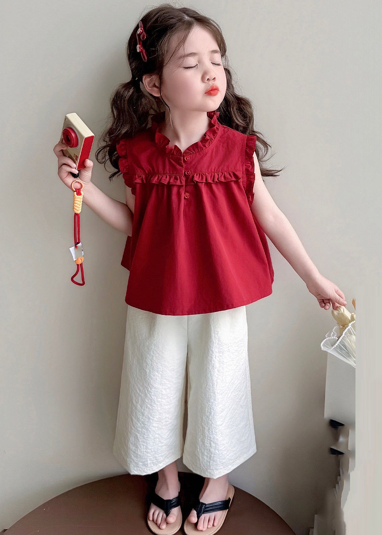 Beautiful Mulberry Stand Collar Patchwork Girls Vest And Wide Leg Pants Two Pieces Set Summer
