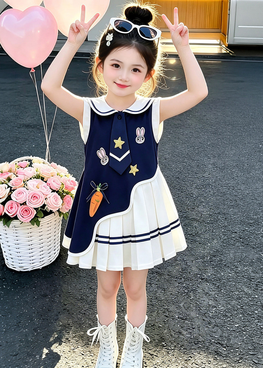 Beautiful Navy Asymmetrical Patchwork Cotton Baby Girls Dresses Sleeveless