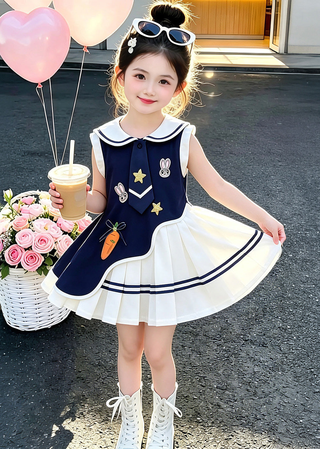 Beautiful Navy Asymmetrical Patchwork Cotton Baby Girls Dresses Sleeveless