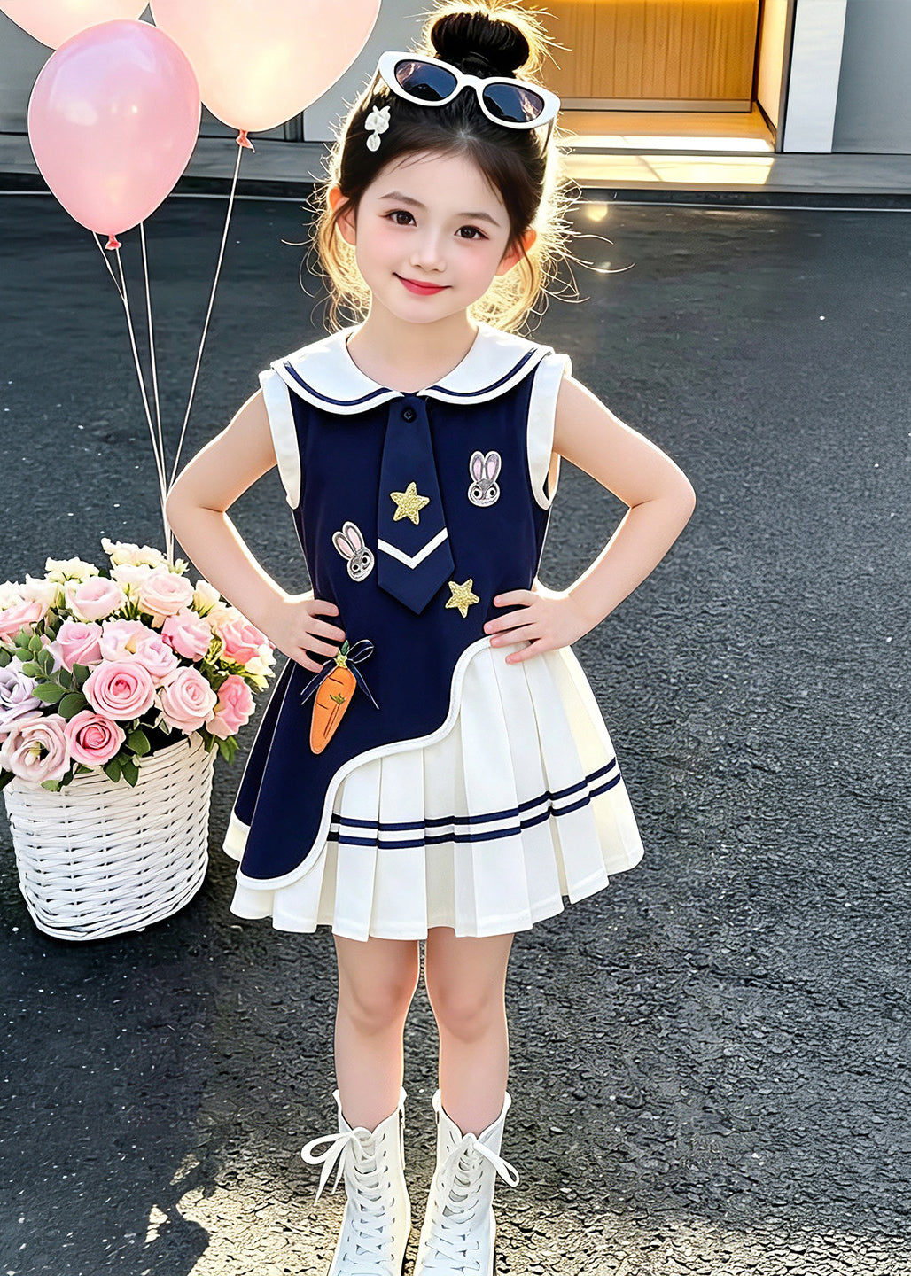 Beautiful Navy Asymmetrical Patchwork Cotton Baby Girls Dresses Sleeveless