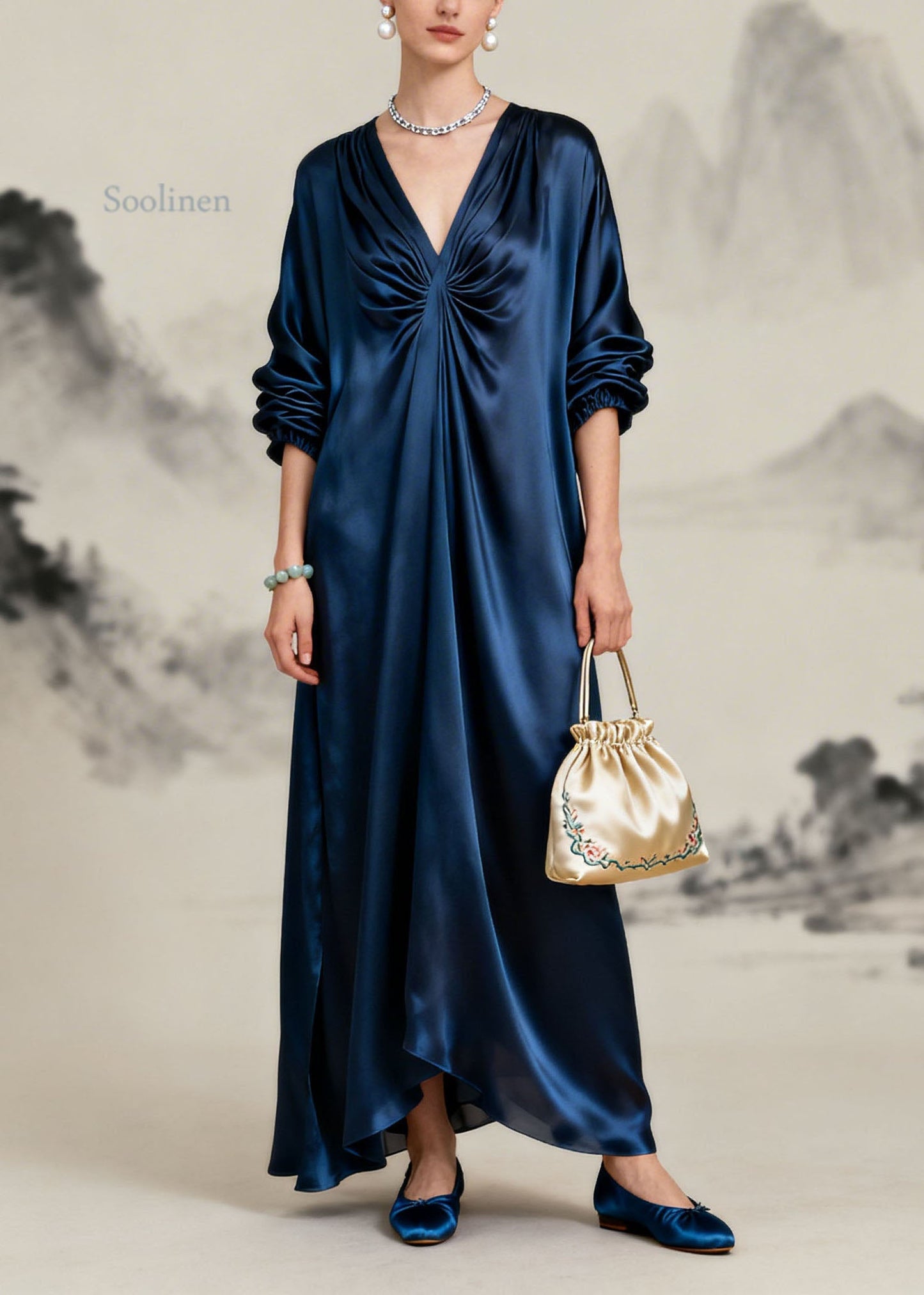 Beautiful Navy V Neck Wrinkled Silk Long Dresses Summer