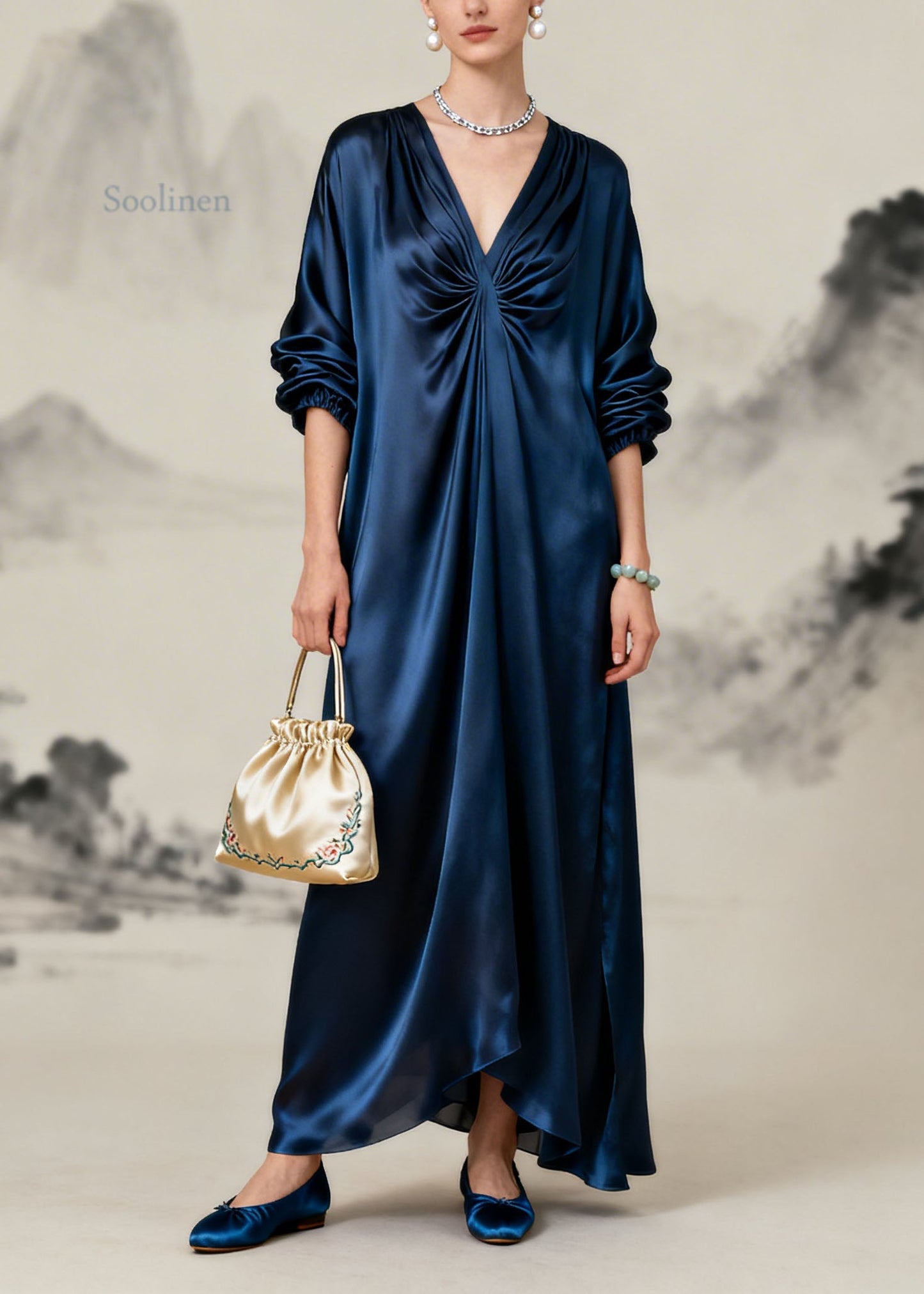 Beautiful Navy V Neck Wrinkled Silk Long Dresses Summer