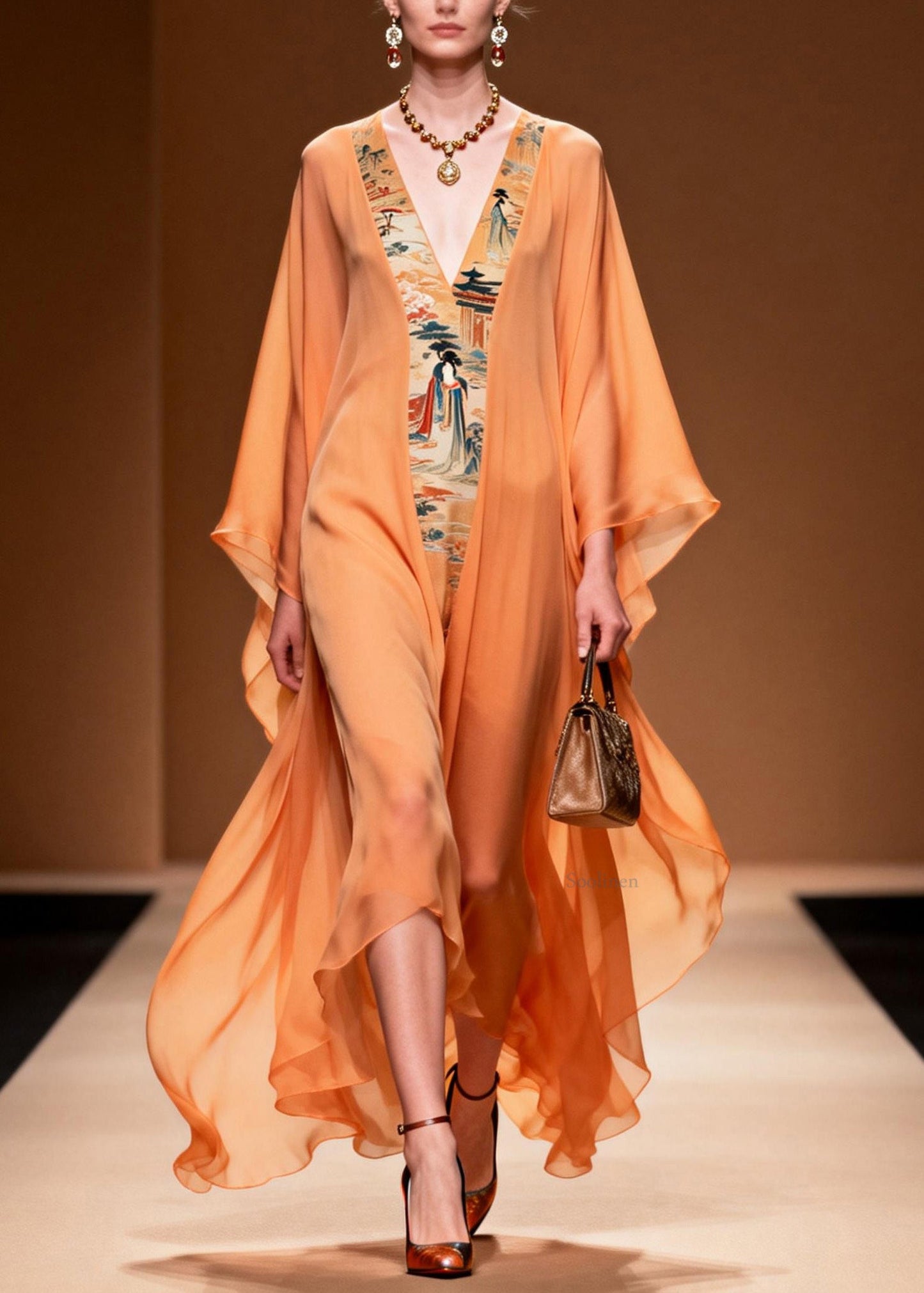 Beautiful Orange V Neck Print Patchwork Chiffon Dress Spring