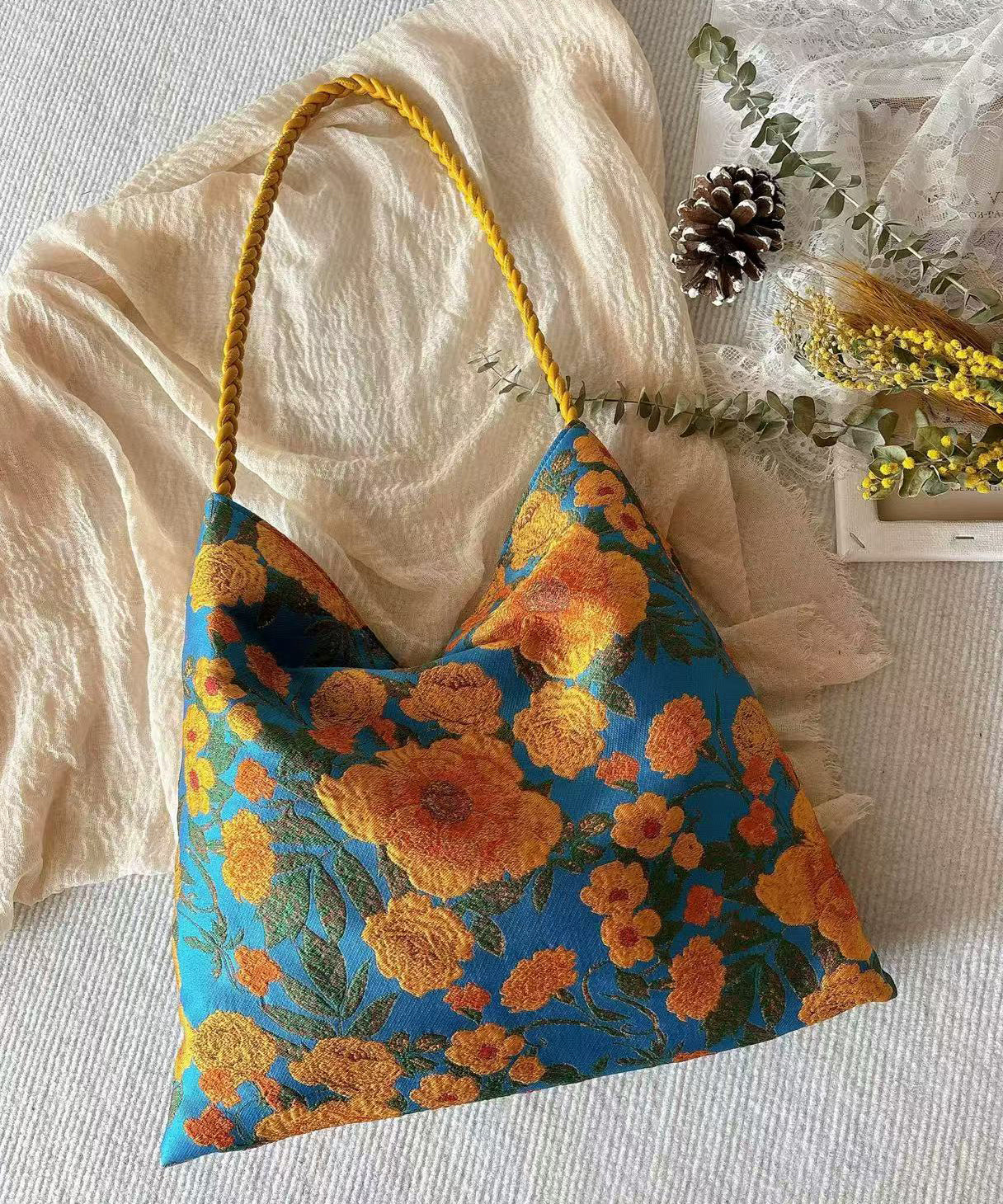 Beautiful Peacock Green Embroidered Daisy Cotton Shoulder Bags