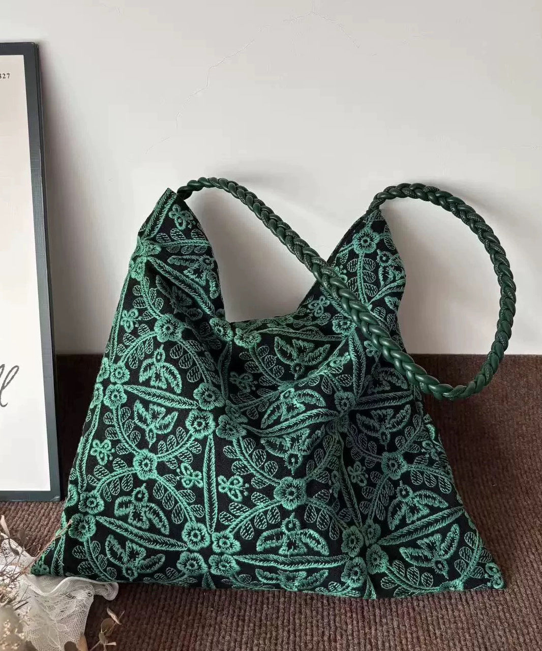 Beautiful Peacock Green Embroidered Daisy Cotton Shoulder Bags