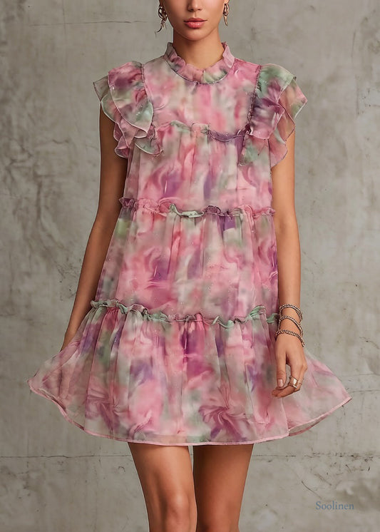 Beautiful Pink Ruffled Print Chiffon Mid Dress Summer