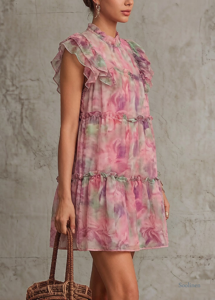 Beautiful Pink Ruffled Print Chiffon Mid Dress Summer
