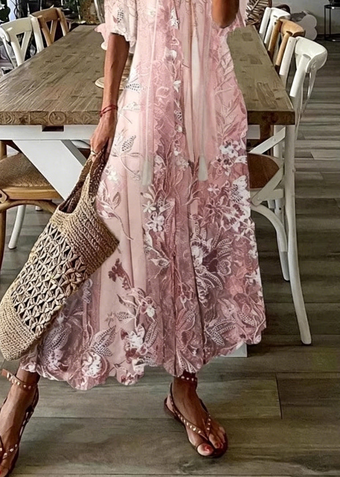 Beautiful Pink V Neck Print Chiffon Maxi Dresses Summer