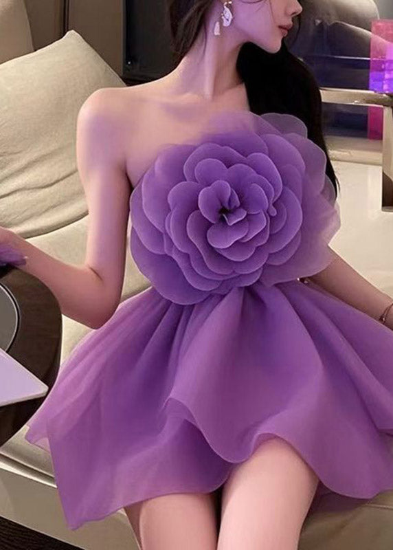 Beautiful Purple Cold Shoulder Floral Tulle Mid Dresses Summer