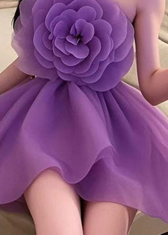 Beautiful Purple Cold Shoulder Floral Tulle Mid Dresses Summer
