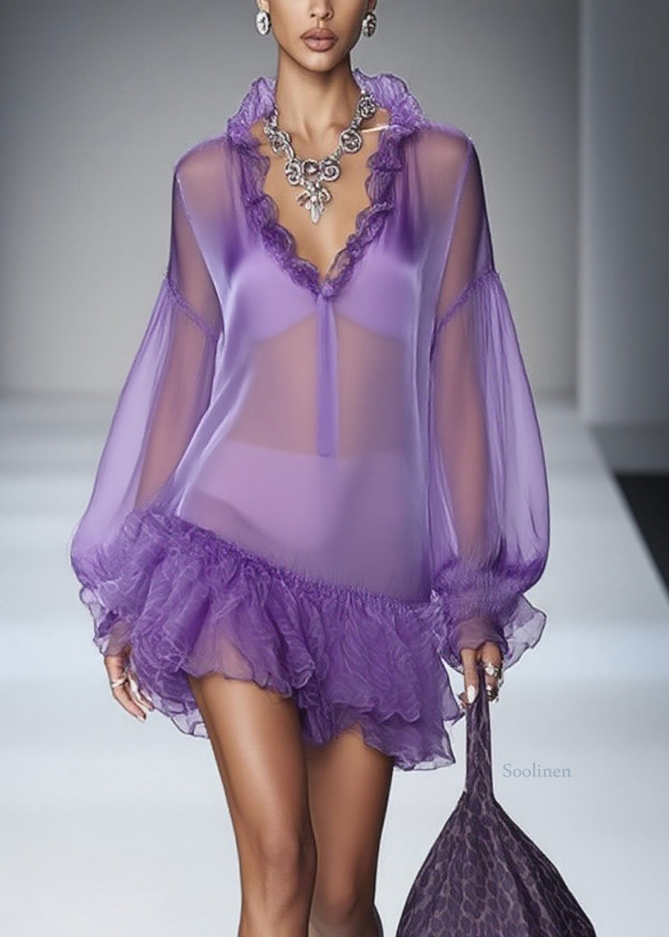 Beautiful Purple Ruffled Solid Tulle Mid Dress Spring
