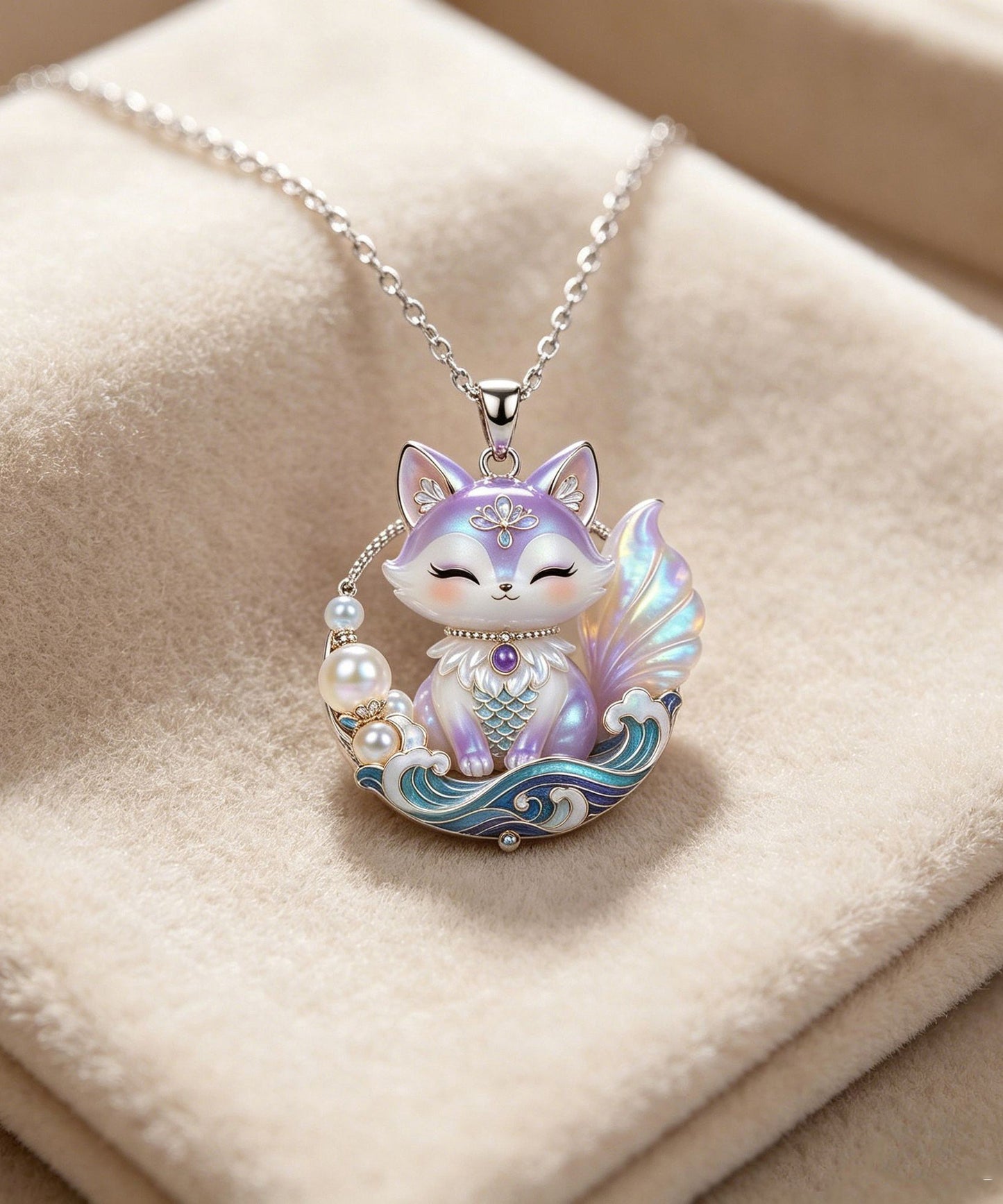 Beautiful Purple Stainless Steel Pearl Enamel Spirit Fox Pendant Necklace