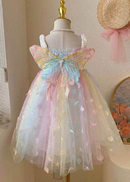Beautiful Rainbow Wrinkled Patchwork Butterfly Tulle Kids Maxi Dress Sleeveless