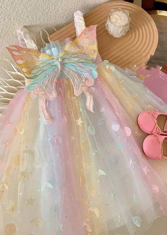 Beautiful Rainbow Wrinkled Patchwork Butterfly Tulle Kids Maxi Dress Sleeveless