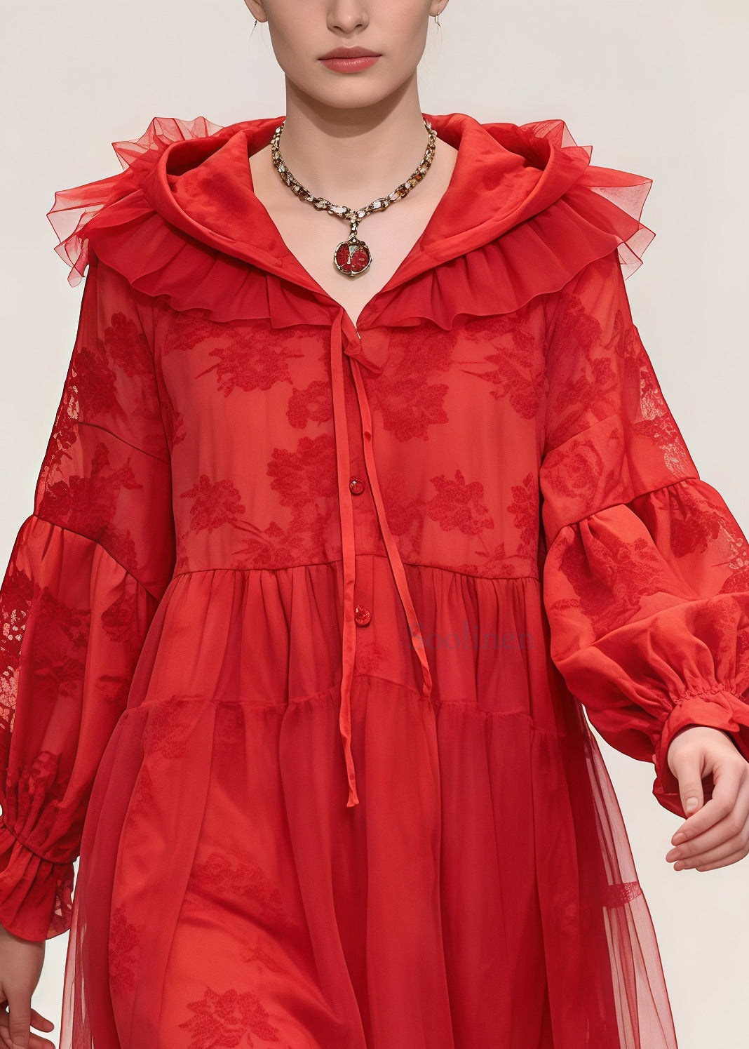 Beautiful Red Embroidered Patchwork Tulle Hooded Dress Spring