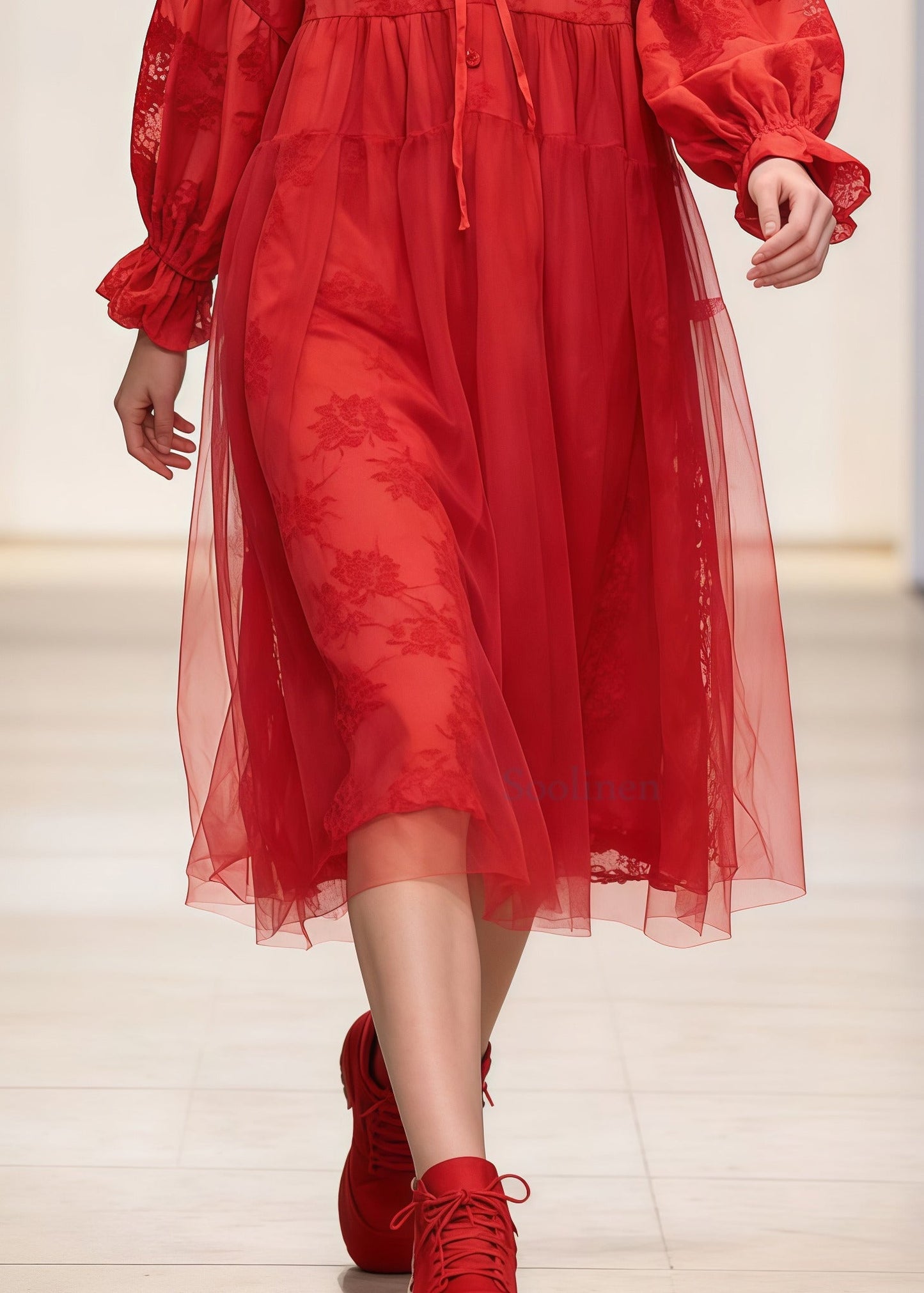 Beautiful Red Embroidered Patchwork Tulle Hooded Dress Spring