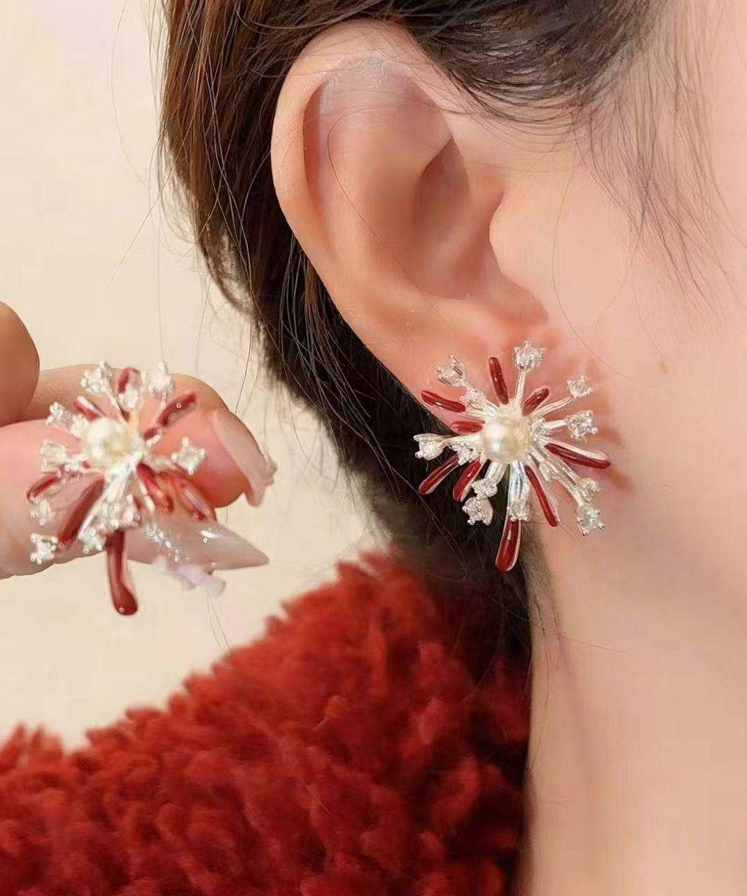 Beautiful Red Fireworks Shape Metal Stud Earrings