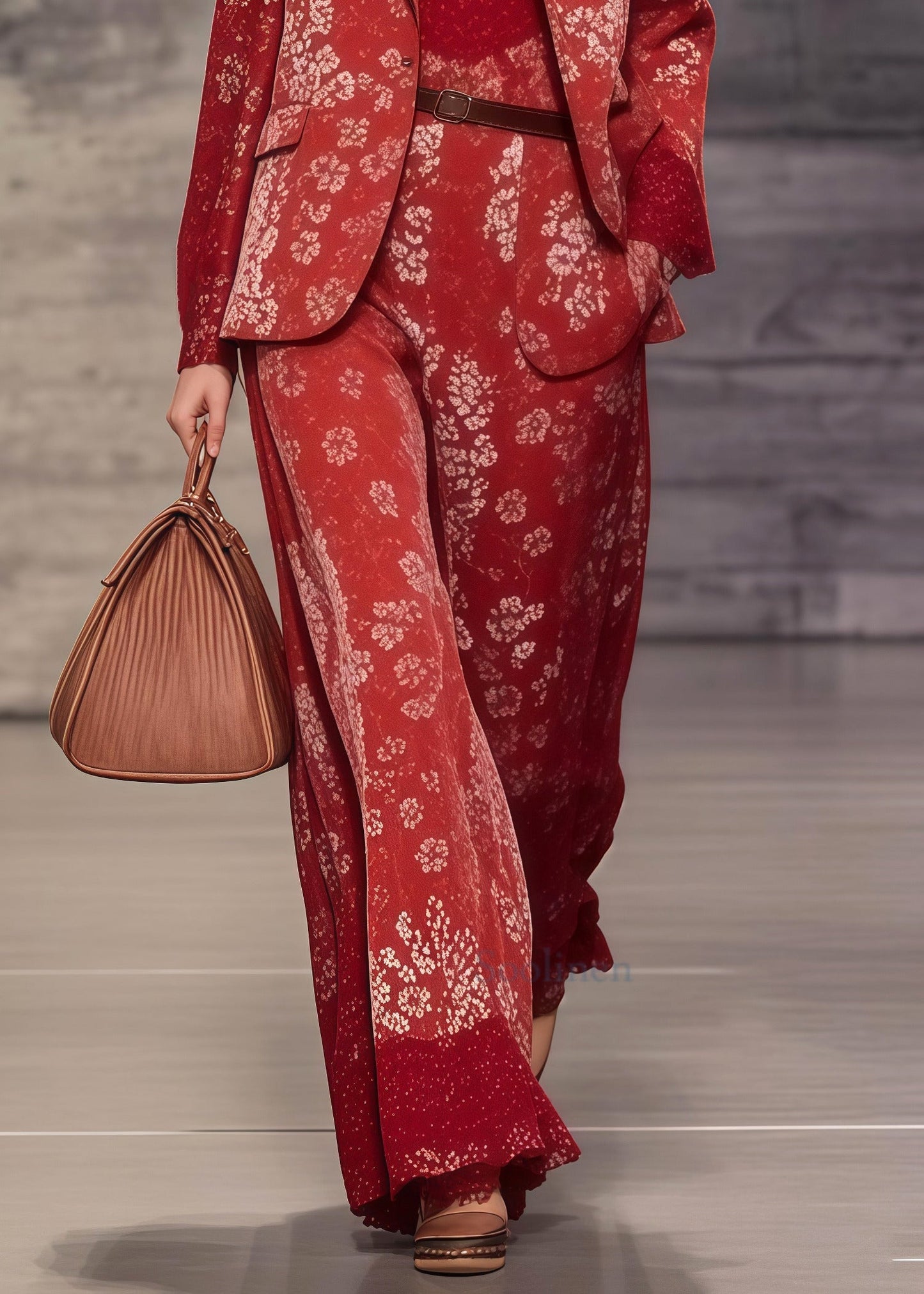 Beautiful Red Notched Print Spandex Coats And Jumpsuits Two Pieces Set Spring