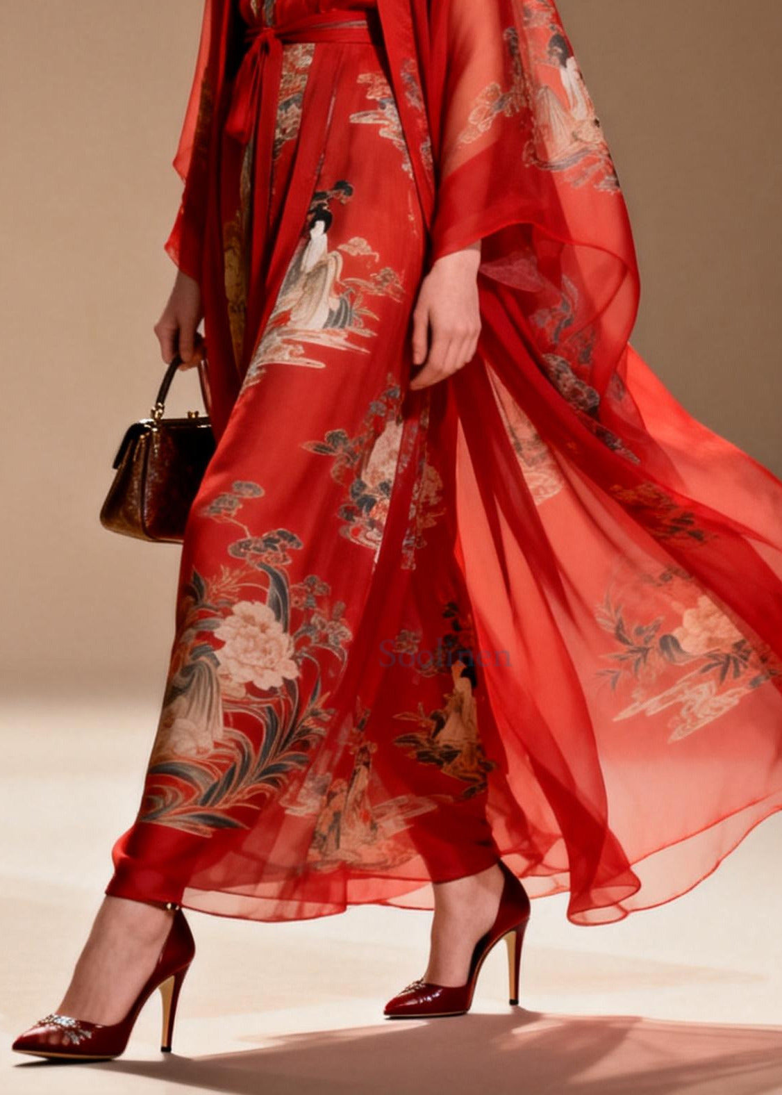 Beautiful Red Print Draping Chiffon Oriental Dress Two Piece Suit Set Summer