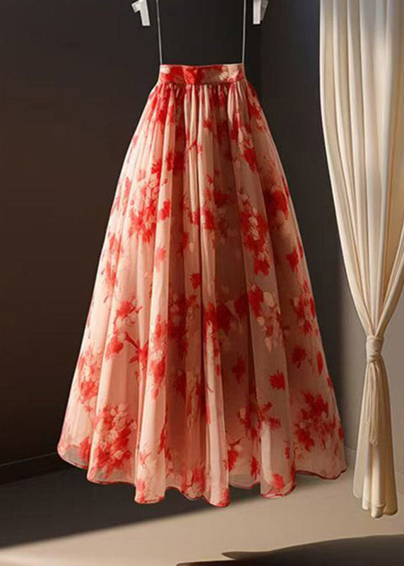 Beautiful Red Print Elastic Waist Chiffon A Line Skirts Summer