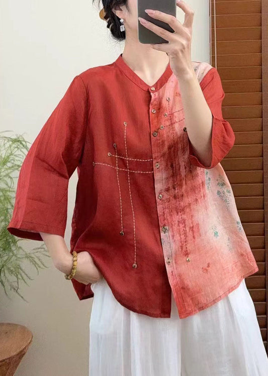 Beautiful Red Stand Collar Tie Dye Patchwork Linen Shirt Bracelet Sleeve