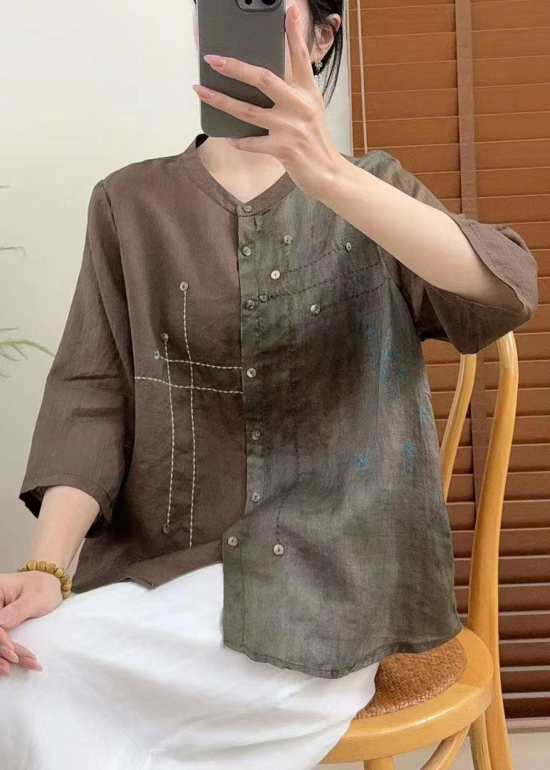 Beautiful Red Stand Collar Tie Dye Patchwork Linen Shirt Bracelet Sleeve