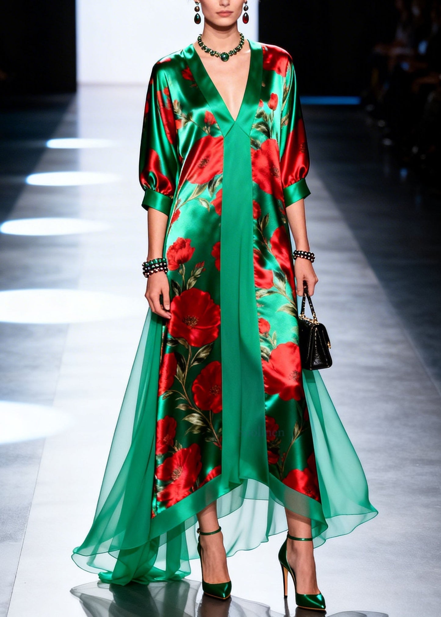 Beautiful V Neck Print Patchwork Chiffon Maxi Dresses Summer