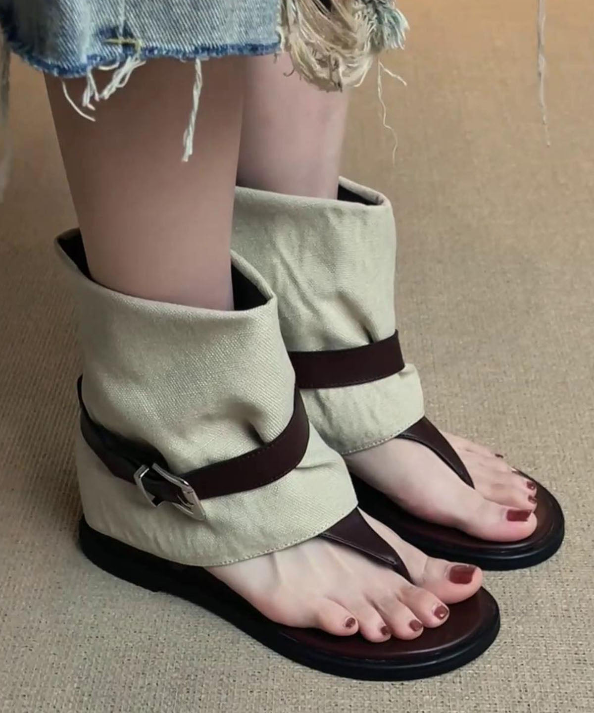 Beautiful Wedge Flip Flops Boots Brown Sheepskin