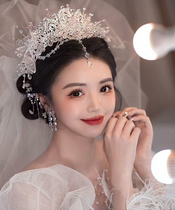 Beautiful White Alloy Zircon Crystal Tassel Drop Earrings And HairPiece Two-Piece Set