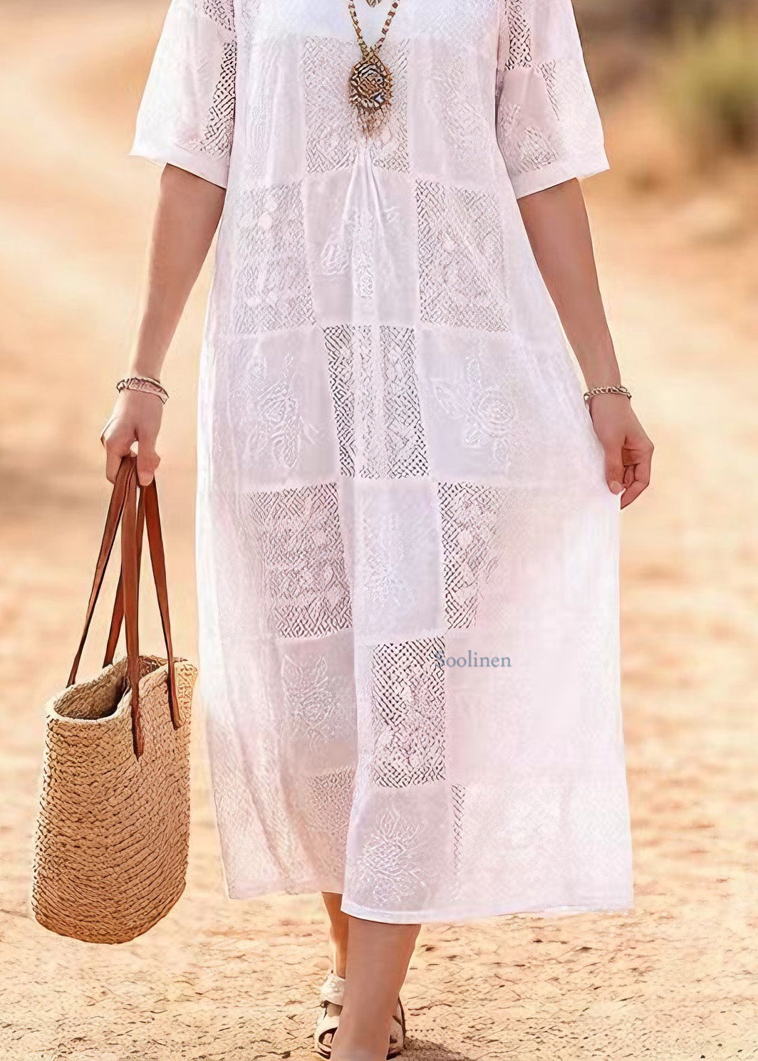 Beautiful White O Neck Embroidered Lace Maxi Dress Summer