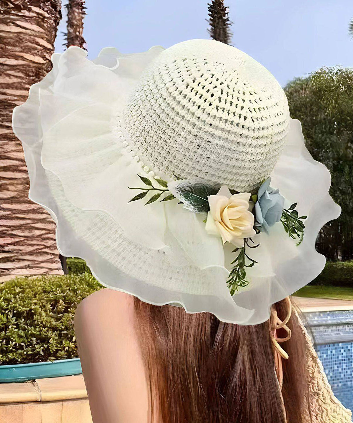 Beautiful White Ruffled Floral Nail Bead Floppy Sun Hat