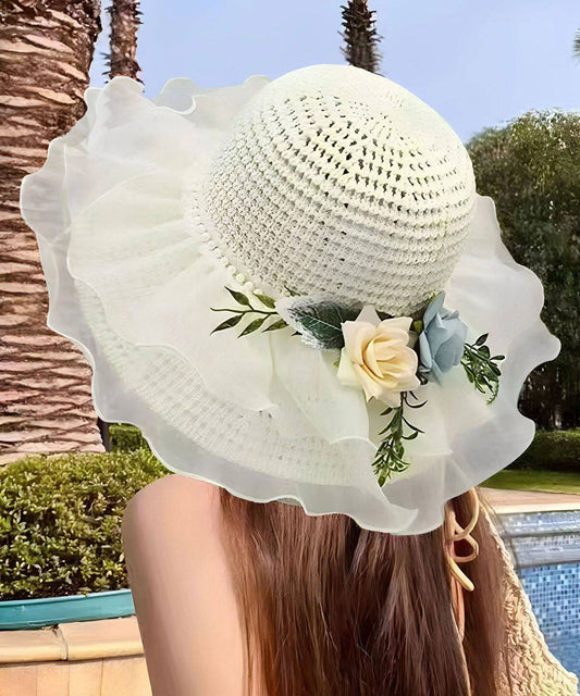 Beautiful White Ruffled Floral Nail Bead Floppy Sun Hat