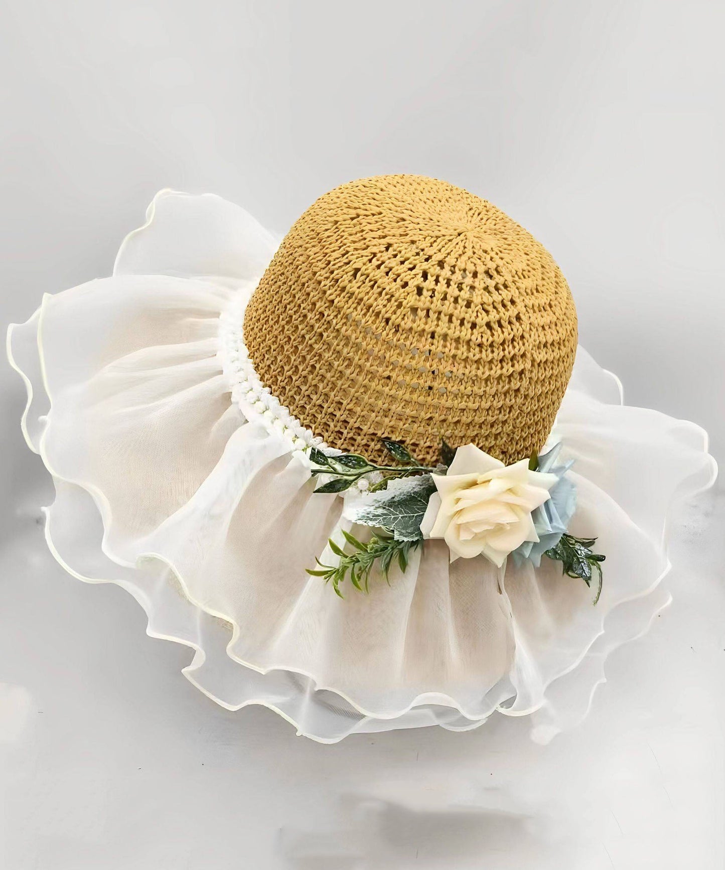 Beautiful White Ruffled Floral Nail Bead Floppy Sun Hat