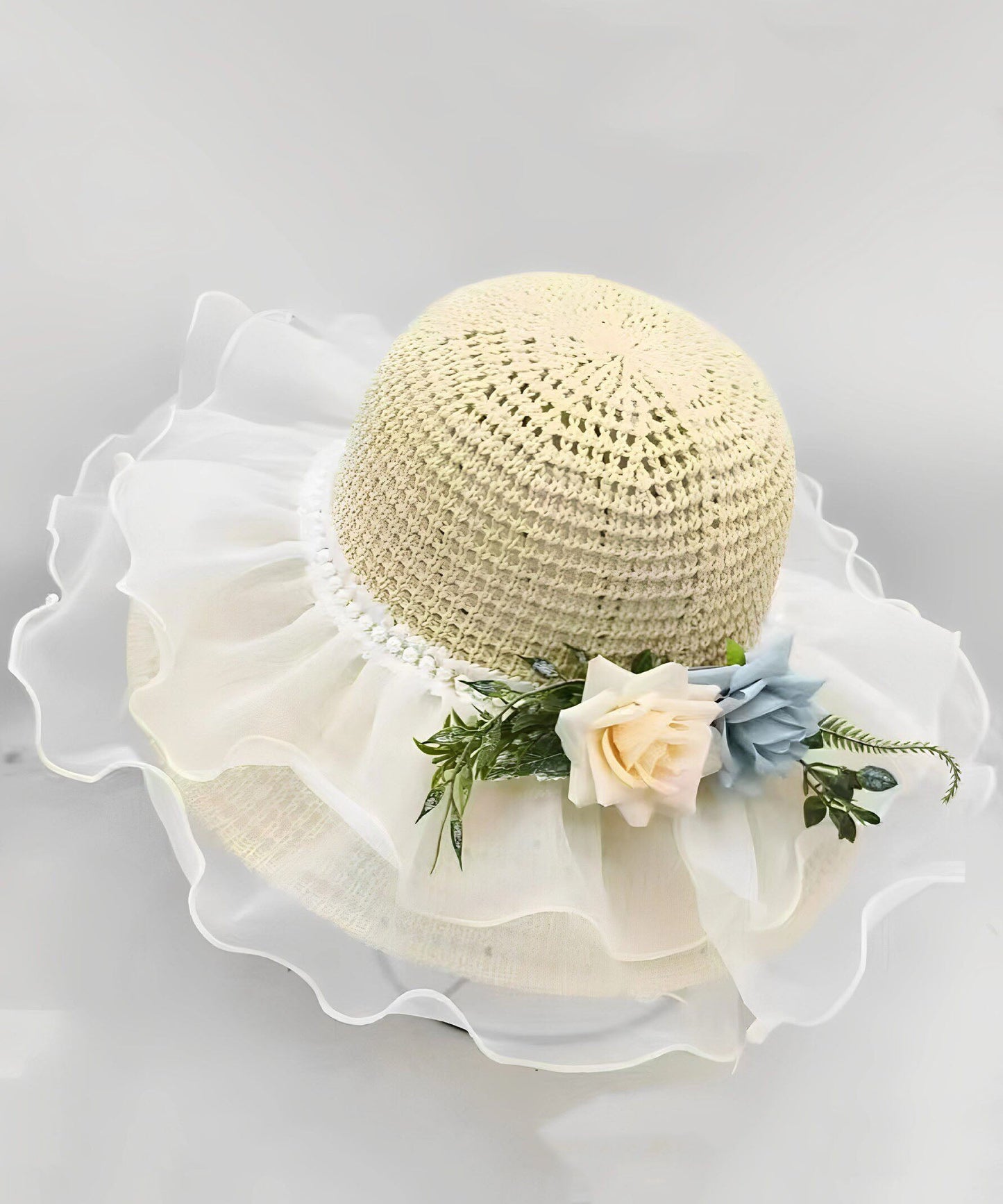 Beautiful White Ruffled Floral Nail Bead Floppy Sun Hat