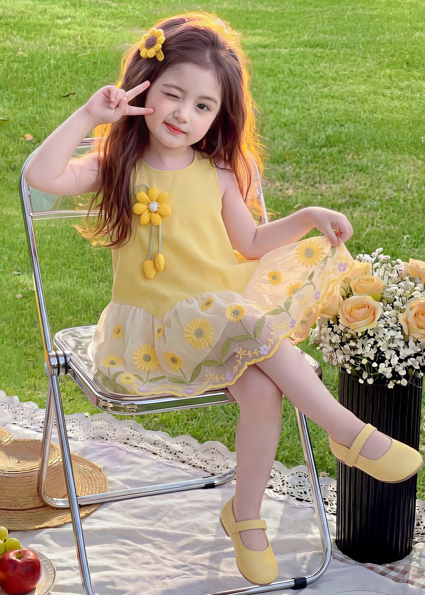 Beautiful Yellow O-Neck Tulle Patchwork Sunflower Kids Long Dress Summer