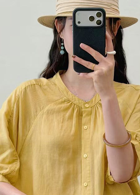 Beautiful Yellow O-Neck Wrinkled Linen Blouse Top Summer