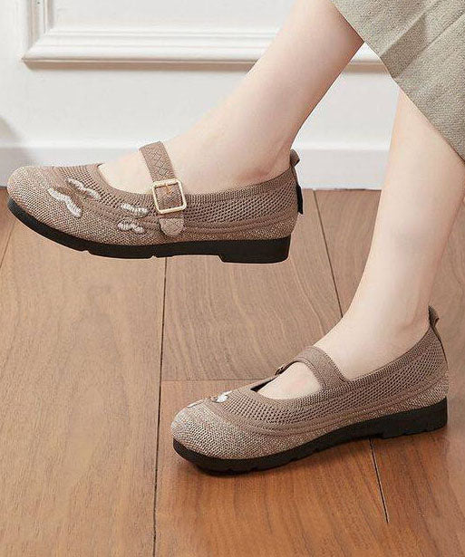 Beige Buckle Strap Women Splicing Embroidered Flat Feet Shoes