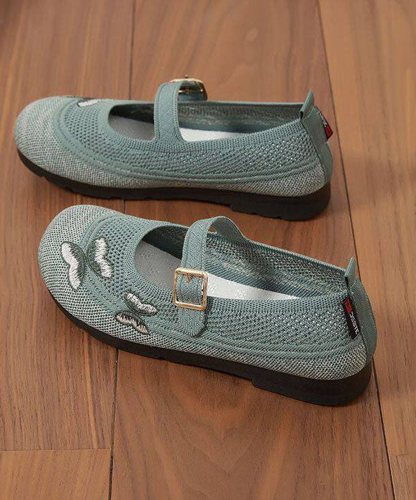 Beige Buckle Strap Women Splicing Embroidered Flat Feet Shoes